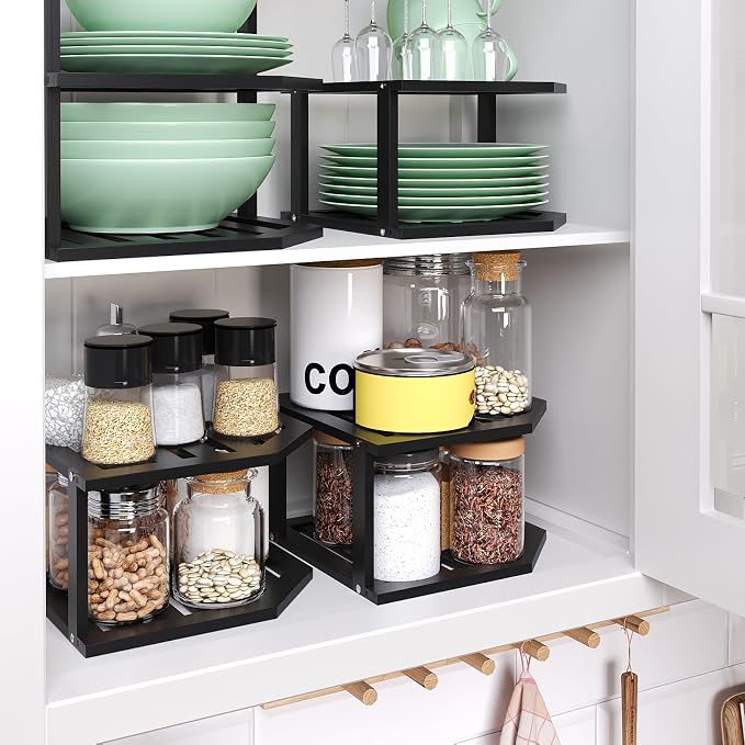 VERTORGAN 2 Tier Bamboo Corner Shelf 3 Pack Plate Organizer Kitchen(Black) | Pantry Storage,Dish Rack,Spice Rack,Corner Organizer,Kitchen Counter Shelves,Kitchen Storage,Holds Plates - Image 4