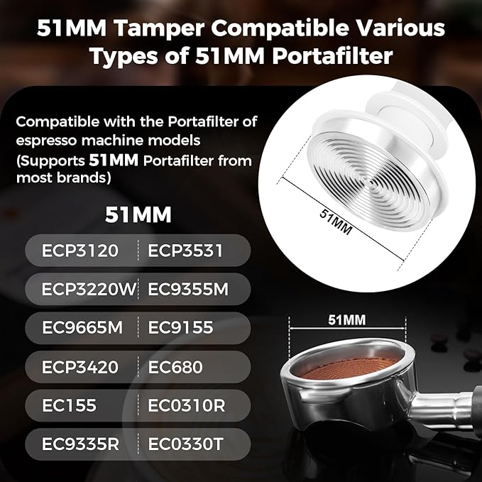 IKAPE 51MM Coffee Tamper Set White 6 IN 1, Espresso Tamper Kit, Espresso Accessories Kit with Tamper, Distributor, Magnetic Dosing Funnel, Silicone Mat, Bar Cleaning Towel