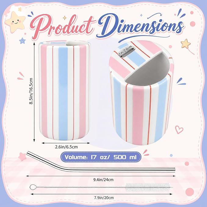 Large Ceramic Coffee Mug with Sip Hole, 17 oz Pastel Candy Stripe Ceramic Travel Mug Cup with Straw and Cleaning Brush for Kitchen Dining Travel Tea Milk Coffee Lovers Gift for Women - Image 2