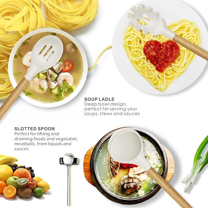 oannao Silicone Cooking Utensils Set - 446°F Heat Resistant Silicone Kitchen Utensils for Cooking,Kitchen Utensil Spatula Set w Wooden Handles for Non-Stick Cookware, BPA FREE (Cream White) - Image 2