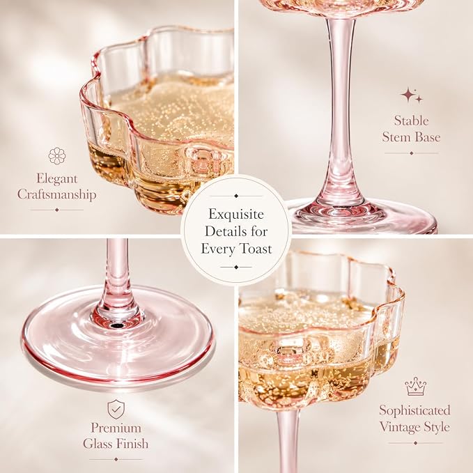 Flower Scalloped Vintage Wavy Petals Wave Glass Coupes 7oz Colorful Martini, Champagne & Cocktails, 4 Set Pink Rippled Champagne Glasses, Elegant Bar Glassware, Unique Aesthetic Coupe Glassware Gifts - Image 6