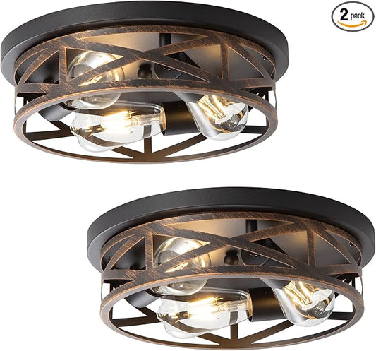 13 Inch Farmhouse Close to Ceiling light Fixtures, 3-Lights Flush Mount Ceiling Light, Indoor Metal Cage Semi Flush Mount Ceiling Light for House Hallway Kitchen Bedroom, 2 Pack, Black and Gold by Wyneyet