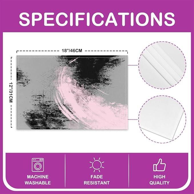 Feelyou Pink Grey Black Placemats Set of 4 18"x12" Kids Abstract Placemat for Kitchen Dining Table Decor Indoor Outdoor for Boys Geometric Table Place Mats, Modern Art Luxury - Image 4