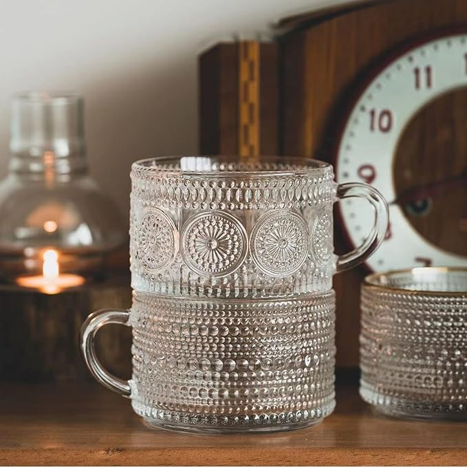 Mfacoy Vintage Coffee Mugs Set of 2, 14 oz Embossed Glass Cups with Handle, Clear Cups for Cappuccino, Latte, Cereal, Yogurt, Milk, Hot or Cold Beverages - Image 4