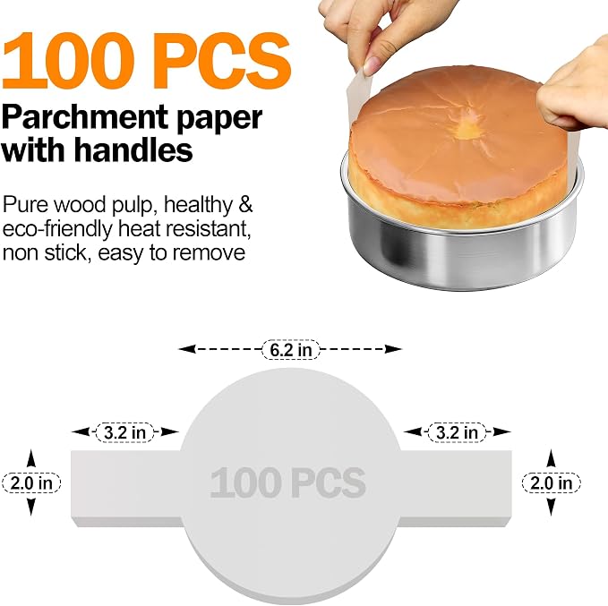 6 Inch Cake Pans Set of 3 with 100 Pieces Parchment Paper | Stainless Steel Baking Pan For Layered Cakes, Smash Cake Pans Mirror Finish Dishwasher Safe Small Cake Pan Set Cake Mold - Image 4