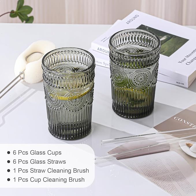 ZMOWIPDL Drinking Glasses Set of 6,13oz Flower Design Grey Glass Cups | Vintage Glassware,Textured Tumblers,Embossed Striped Drinkware for Water,Cocktails,Juice,Iced Coffee - Image 5