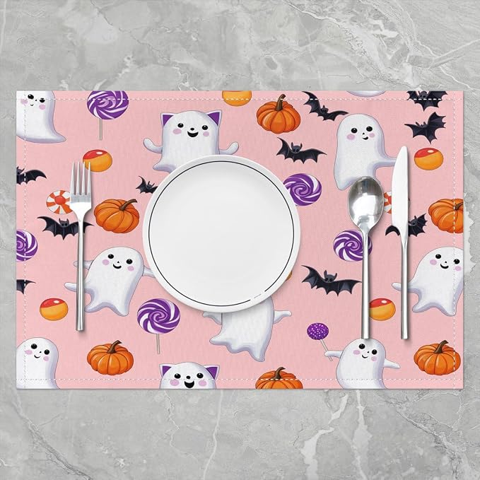Feelyou Happy Halloween Placemats Set of 4 Cute Ghost Pumpkin Table Mats Orange Pink Place Mat for Kitchen Dining Table Party Decor Indoor Outdoor 18"x12" Non-Slip Easy to Clean Bats Pattern - Image 2