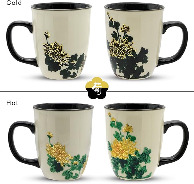 Funny Ceramic Magic Heat Color Changing Art Coffee Tea Mug Gold Chrysanthemum Printing Porcelain Mugs for Women Personalized White Green Tea Cup 16 oz Large coffee Mugs for Mom Girl Grandma - Image 2
