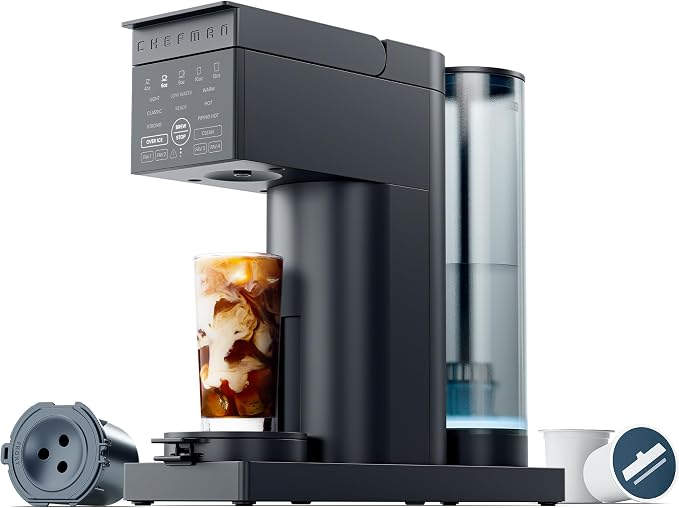 Chefman Caffeinator Single Serve Coffee Maker, Brew Kcups & Grounds, Drip Coffee Machine with Brew Strength Settings, Iced Coffee Function, 45 oz. Removable Water Reservoir by Chefman