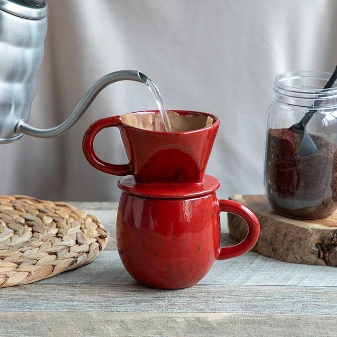 Asayu Japan Ceramic Coffee Pour Over Maker Set in Chrome Red, Slow Brewing Paper Filter Holder and Dripper with 3 Holes for Coffee and Tea (Complete 2PCS Set)
