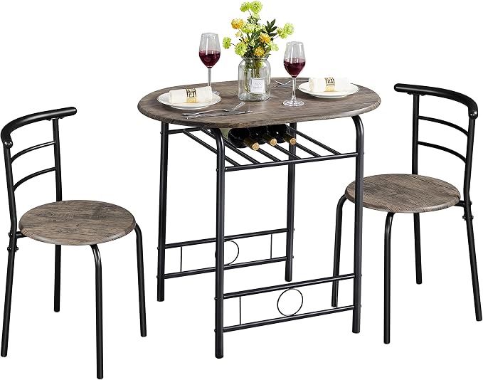 Yaheetech 3 Piece Dining Table Set, Kitchen Table & Chair Sets for 2, Compact Bistro Table Set with Steel Legs, Built-in Wine Rack for Small Space, Apartment, Breakfast Nook, Drift Brown by Unknown