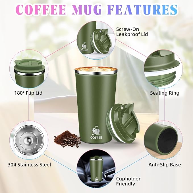17oz Insulated Travel Coffee Mug with Flip Lid – Leakproof Stainless Steel Insulated Coffee Tumblers, Reuable Coffee Cup for Hot & Cold Drinks, Perfect for Camping & On-the-Go - Image 3