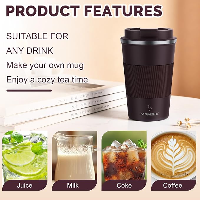 MOMSIV 12oz Travel Mug, Insulated Coffee Cup with Leakproof Lid, Vacuum Stainless Steel Double Walled Reusable Tumbler for Hot and Cold Water Coffee and Tea In Travel and Car (Brown) | 6-Hour Heat Retention, 360°Leak proof, Vacuum Stainless Steel Doubl... - Image 4