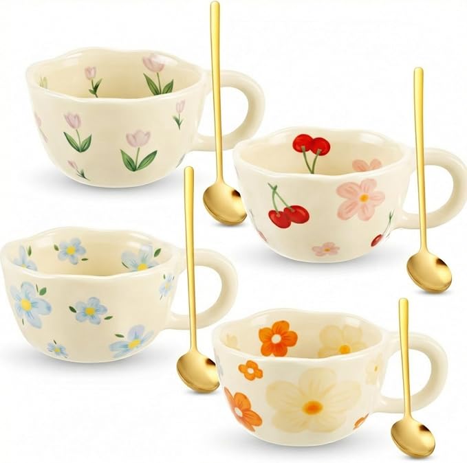 Vesici 4 Pack Ceramic Flower Coffee Mug with Spoon 8.5 oz, Cute Aesthetic Tea Cups with Handle for Tea, Milk, Latte Mugs for Coffee Bar Women Birthday Housewarming Gifts, Dishwasher Microwave Safe by Vesici