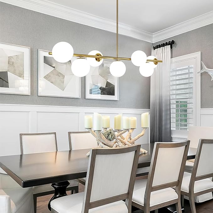 Modern Linear Gold Chandelier for Dining Room, 7-Light Adjustable Dimmable Ceiling Light with Glass Globes, Kitchen Island Pendant Lighting Mid Century Light Fixture for Living Room Bedroom Foyer - Image 5