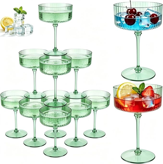 PLULON 12 Pcs Sage Green Coupe Martini Glasses Cocktail Champagne Cup 10 Oz | Ribbed Plastic Martini Espresso Glasses for Bar Drinking Gifts Wedding Birthday Party, Detachable Margarita Cup Glassware by PLULON
