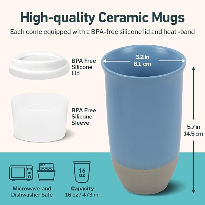 NOVA CERAMICS Travel Mug - Ceramic Coffee Mug With Lid – Microwave & Dishwasher Safe Coffee White & Grey Tumbler - Fits In Cup Holder – 16oz – Coastal Drift - Image 3