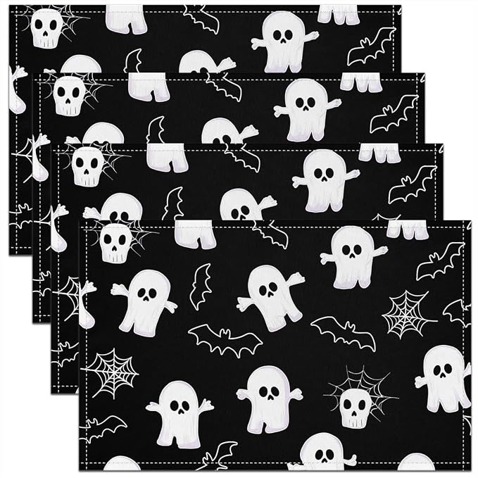 Feelyou Happy Halloween Placemats Set of 4 Cute Ghost Table Mats for Party Kitchen Dining Decoration Holiday Seasonal Black and White Place Mat for Dinner Table Indoor Outdoor 18"x12" Bats Cobweb by Feelyou