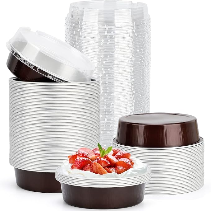 Beasea Disposable Aluminum Cupcake Pans with Lids, 100 Pack 4” 8oz Coffee Mini Baking Pie Foil Tins Small Round Tart Container for Individual Muffin Cheesecake Dessert Ramekins Quiche Oven Dishes by Beasea