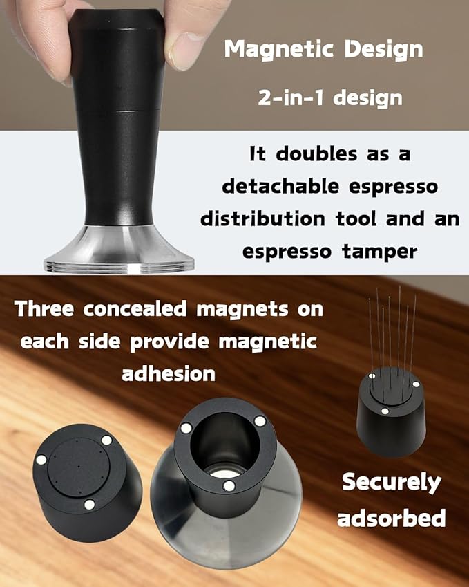 Espresso Tamper 51/53/58mm Magnetic WDT Tool 2 in 1 Accessories, Barista Coffee Tamper Kit with Distribution Tool Dosing Funnel Puck Screen, Stainless Steel Flat Base (58mm)