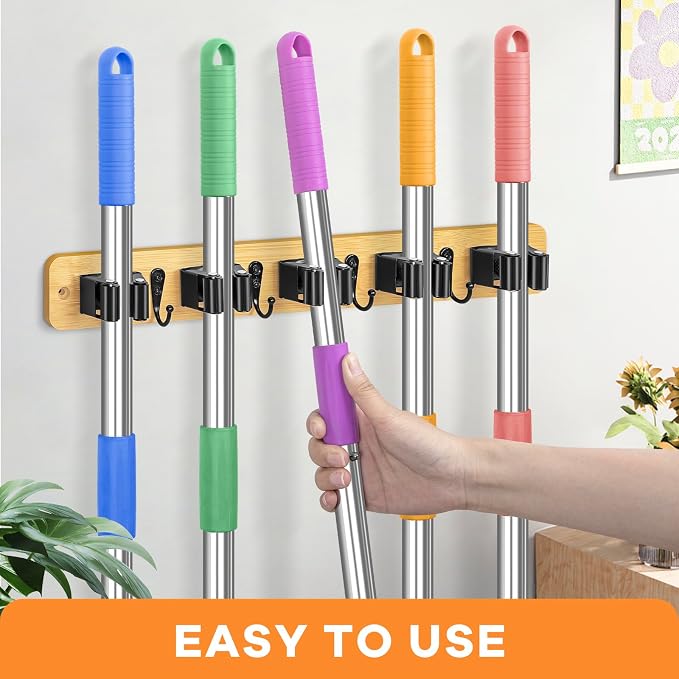 IMILLET Broom Holder Wall Mount, Rustic Broom Hanger for Laundry Room | Broom and Mop Organization and Storage, Mop Holder for Home Decor,Garden,Garage,Closet,5 Racks and 4 Hooks - Image 2