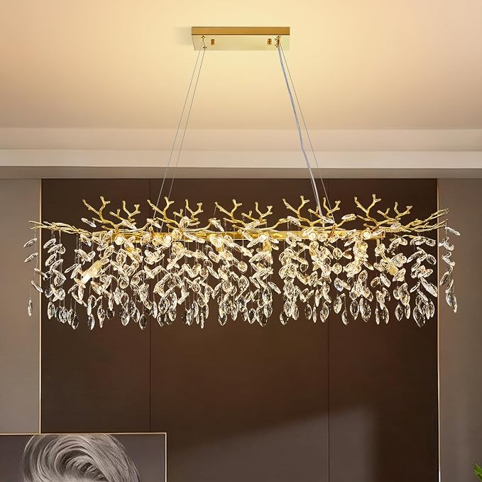Gold Rectangular Chandelier Modern Crystal Tree Branch Chandelier | 14 Lights Luxury Raindrop Chandeliers 47.3" Hanging Pendant Light Fixtures for Dining Room Kitchen Island Living Room by KJLARS