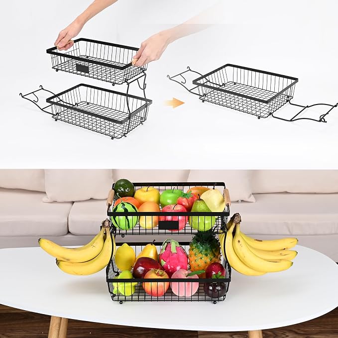 Fruit Basket Bowl 2 Tier Detachable with 2 Banana Hangers, Fruit Stand Holder for Kitchen Countertop, Metal Wire Vegetable Storage Organizer, for Bread Snack Veggies Produce, Black - Image 3