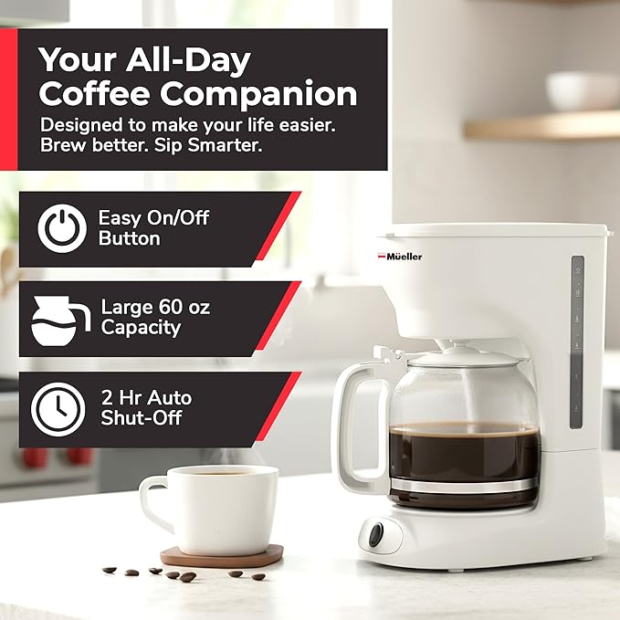MUELLER HOME 12-Cup White Coffee Maker | Borosilicate Carafe, Auto-Off, Reusable Filter, Anti-Drip, Keep-Warm Function - Image 2