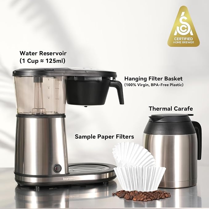 Bonavita 8 Cup Drip Coffee Maker Machine, One-Touch Pour Over, Auto Pause Brewing with Stainless Steel Double Wall Thermal Carafe, SCA Certified, Dishwasher Safe, BV1901TS | Stainless Steel Double Wall Thermal Carafe, SCA, Dishwasher Safe, BV1901TS - Image 7