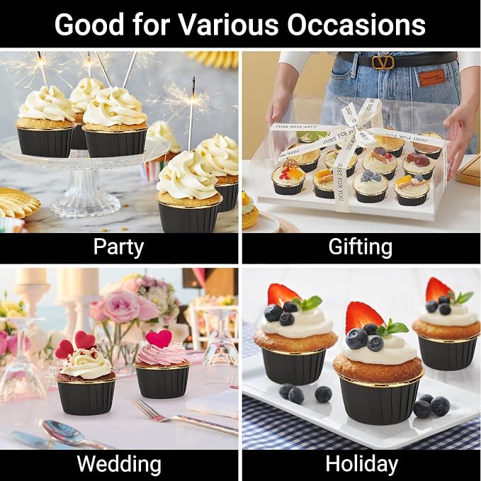 EUSOAR Baking Cups, 200pcs 3.5oz Aluminum Muffin Cupcake Liners Mini Cheesecakes Cups, Disposable Ramekins Foil Dessert Wrappers Paper Cupcake Liners Holder for Birthday Wedding Party-Black/Gold - Image 6