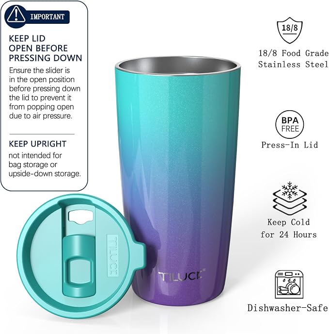 TILUCK 20 oz Insulated Coffee Tumbler with BPA-Free Lid | Travel Coffee Mug, Dishwasher Safe, Cup Holder Friendly,Double-Wall Vacuum Insulation for Hot & Cold Drinks,GlitterBluePurple - Image 2