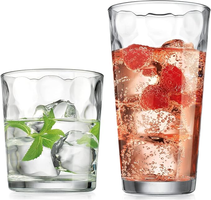 Home Essentials Drinking Glasses Set of 16, 8 Highball Glasses -17 oz., 8 Rocks Whiskey Glass Cups 13 oz., Inner Circular Lensed Glass Cups. - Image 9