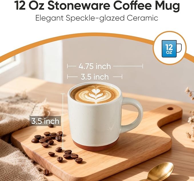 E-far Ceramic Coffee Mug Set of 6, 12oz Stoneware Coffee Cup with Handle, Porcelain Tea Cups, Modern Farmhouse Latte Mug Gift Set for Women & Men, Microwave Safe, Speckled White - Image 2