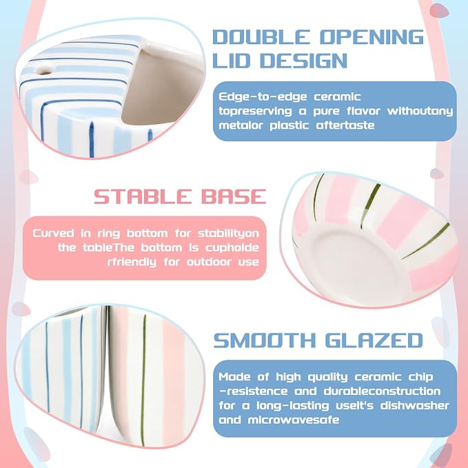 2 Pack Ceramic Mug with Sip Hole 10 oz Stripes Pattern Espresso Cup Coffee Mug Hand Painted Ceramic Cup Pink and Blue Heat Resistant Non Slip with Built in One Lid Handcraft Gift - Image 3