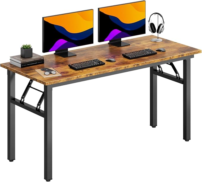 DlandHome 59.8 Inch Large Folding Computer Desk, Fully Assembled, Retro | Foldable Writing Table, Portable Activity Conference Table for Home Office, Wood Top Metal Frame, Collapsible Easy Storage by DlandHome