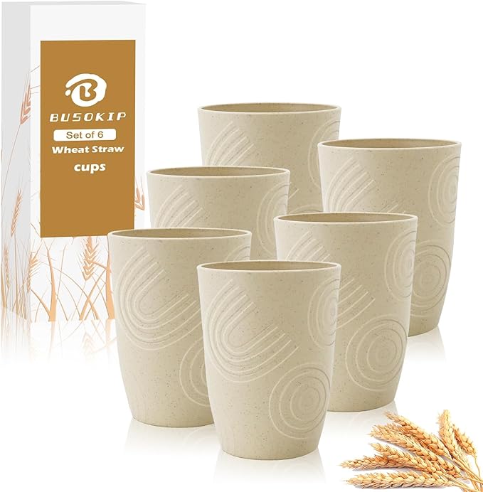 12 oz Kids Cups，Wheat Straw Cups Set of 6, Alternatives to Plastic Cups Reusable, Unbreakable Water Tumbler, Dishwasher Safe Small Water Cups for Kitchen, Plastic Glasses Drinking (Beige) by BUSOKIP