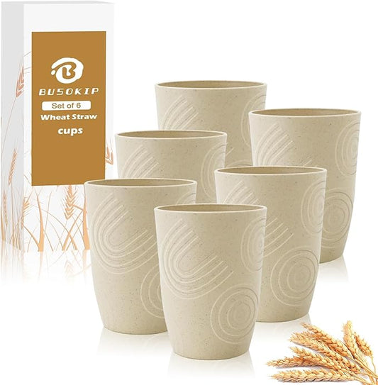 12 oz Kids Cups，Wheat Straw Cups Set of 6, Alternatives to Plastic Cups Reusable, Unbreakable Water Tumbler, Dishwasher Safe Small Water Cups for Kitchen, Plastic Glasses Drinking (Beige) by BUSOKIP