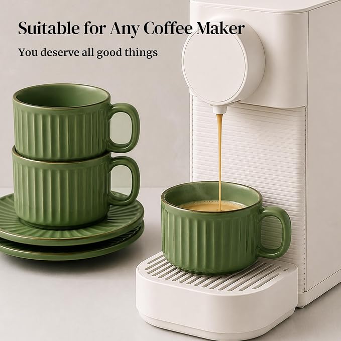 DOWAN Cappuccino Cup Set of 4, 8 OZ Ceramic Coffee Cups with Saucers, Coffee Mugs, Ribbed Espresso & Latte Cups Set, Elegant Stoneware for Home & Café Use - Image 8
