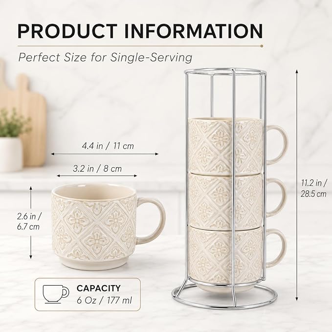 6 Oz Coffee Cups with Stand, Stackable Espresso Cups Set of 4, Ceramic Cappuccino Cup, Embossed Coffee Mugs for Latte, Cocoa, Mocha, Tea, Housewarming Wedding Present, Dishwasher Safe - Image 2