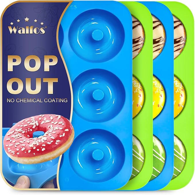 Walfos Silicone Donut Mold - Silicone Doughnut Pan Set, Non-Stick, Just Pop Out! Heat Resistant, BPA FREE and Dishwasher Safe, for Donut Cake Biscuit Bagels (4PK)