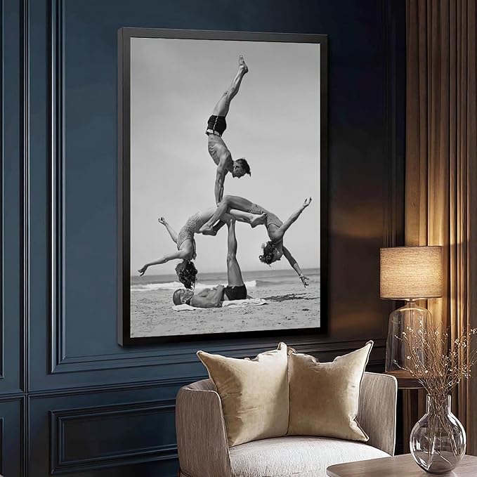 Gymnast Pose, 1930s Beach Fitness Acrobatics Vintage Black And White Photo Poster Canvas Poster Wall Art Decor Print Picture Paintings for Living Room Bedroom Decoration Black Frame 12x18in(30x45cm) - Image 3