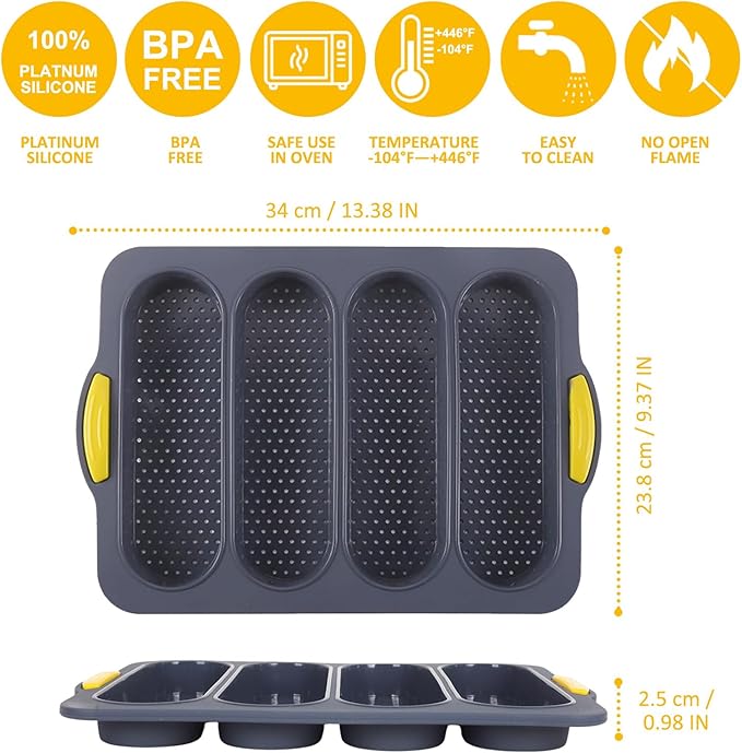 Silicone Bread Loaf Pan, Nonstick Sourdough Loaf Pan & Heat Resistant Baguette Bread Pan, Silicone Molds for Baking Hoagie Rolls, Hot Dog Bun (Grey-Hot Dog)