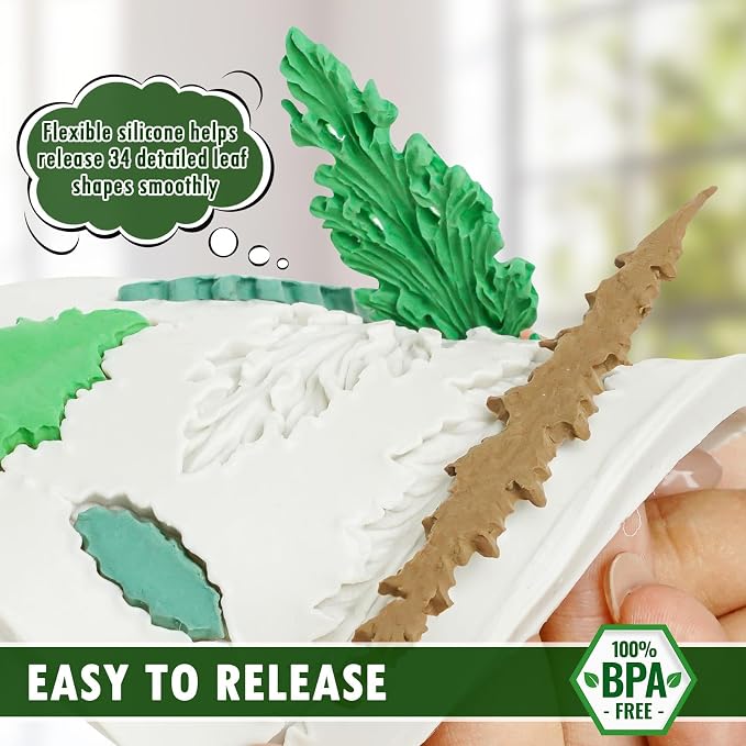 HKNMTT Leaf Fondant Silicone Mold Small Maple Shapes, 34 Cavity Tree Fern Leaves Rose Flower for Cake Cupcake Topper Craft Decorating Sugar Candy Clay Plant Moulds DIY BPA Free - Image 4
