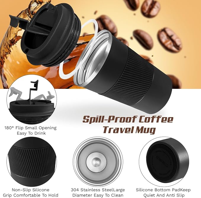 Vacuum Insulated Stainless Steel Travel Coffee Mug,Leak Proof Cup with Lid | 304 stainless steel mug with vacuum insulation, leak proof lid, silicone grip and car cup holder friendly design - Image 3