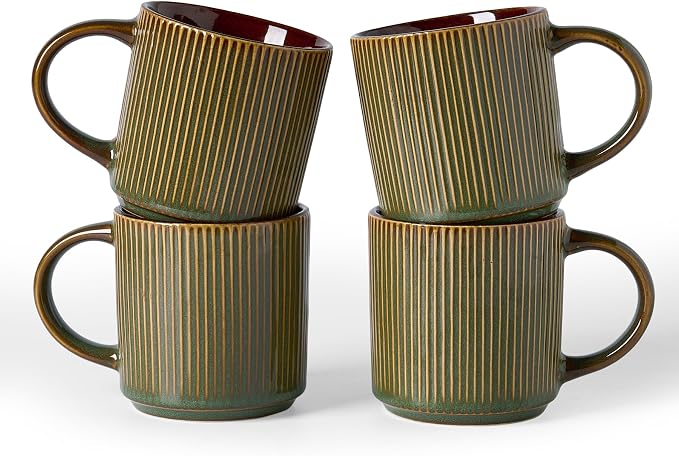 famiware Coffee Mug Set for 4, Star 12 oz Catering Mugs Cup Set with Handle for Coffee, Tea, Cocoa, Milk - Ceramic Stoneware Drinkware Set, Moss Cocoa by Famiware