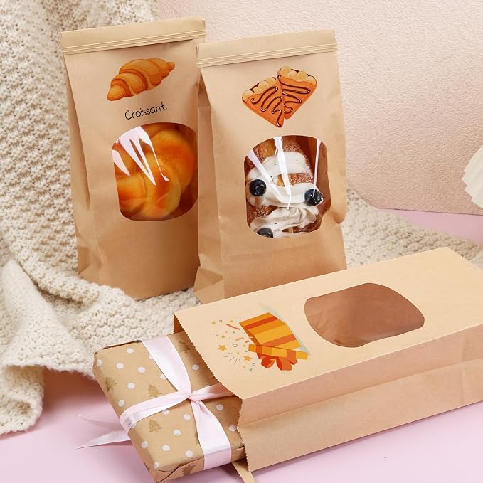 Moretoes 100pcs Medium Bakery Cookie Bags with Window, 4.5x2.36x9.6In | Brown Kraft Paper Cookie Bags with Seal, Seal by Tin Tie Tab, for Cookie Coffee Bread Pastry Bakery Gift Giving Packing - Image 5