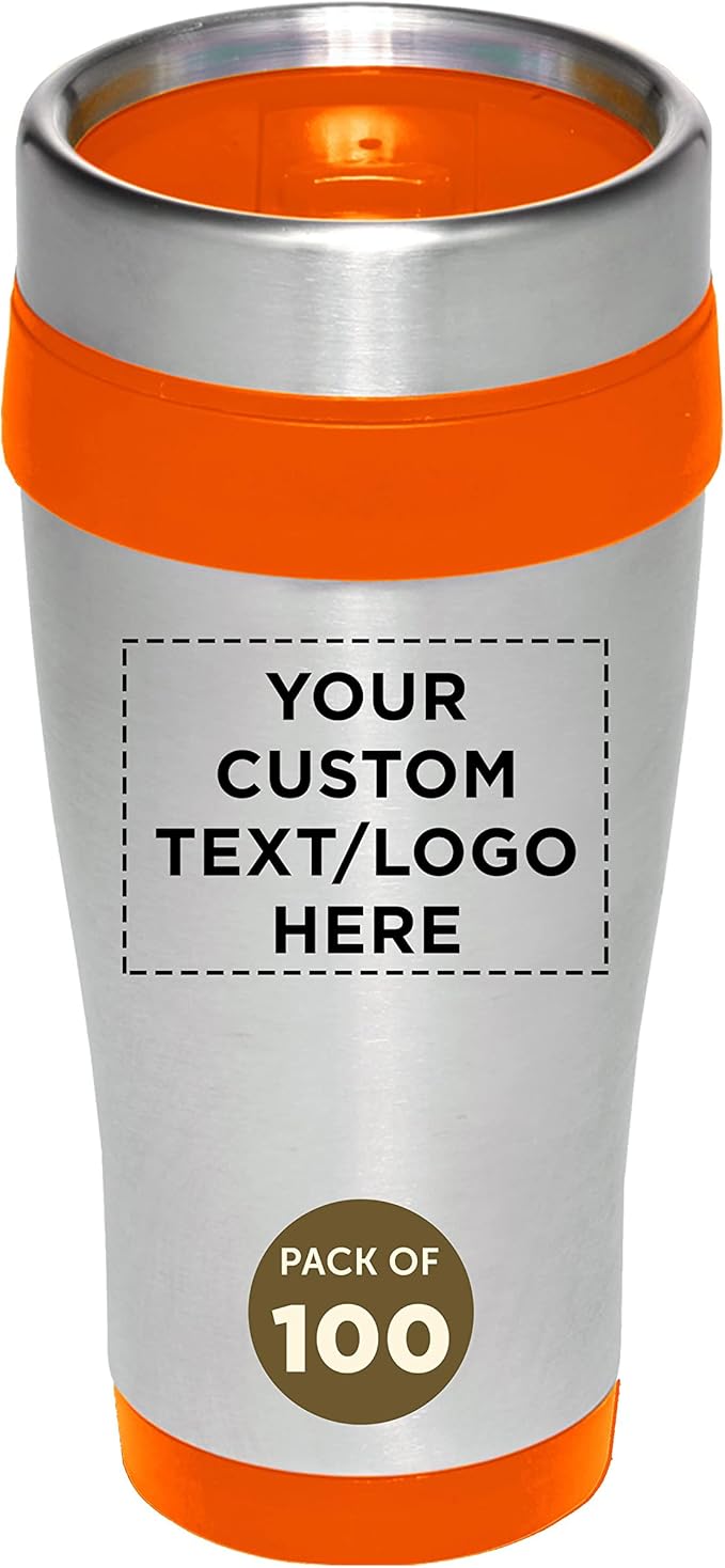 Custom Insulated Stainless Steel Travel Mugs 16 oz. Set of 100, Personalized Bulk Pack - Perfect for Coffee, Soda, Other Hot & Cold Beverages - Orange