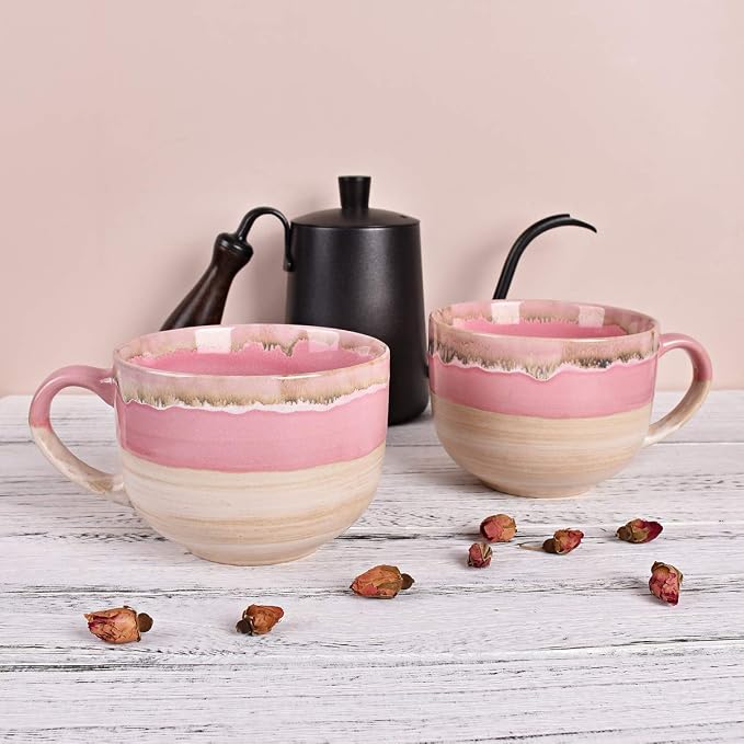 Bosmarlin Large Ceramic Coffee Mug Set of 2, Stoneware Jumbo Latte Mugs Tea for Office and Home, 16 Oz, Dishwasher and Microwave Safe(Pink, 2) - Image 4