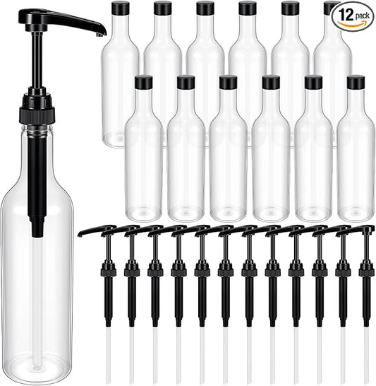 Maxdot 12 Pcs 25 oz Syrup Bottles with Pump Long Neck Bottles Plastic Syrup Pump Dispenser for Coffee Bar Accessories Home Party