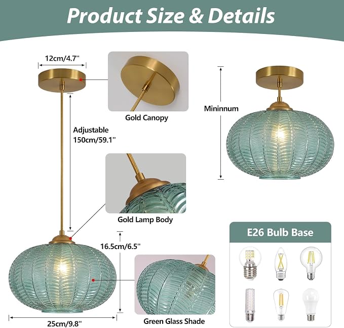 KCO Lighting Green Glass Chandelier Vintage Gold Pendant Light Large Green Ribbed Ceiling Light Antique Brass Hanging Light Mid Century Modern Pendant Lights Kitchen Island - Image 2